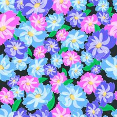Fototapeta premium Vector seamless pattern with fancy pink and blue flowers.