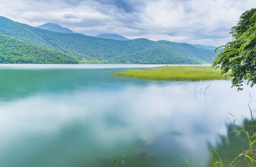 Lake Nohur on a cloudy spring day.Gabala.Azerbaijan