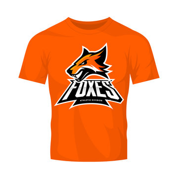Furious fox sport club vector logo concept isolated on orange t-shirt mockup. 
Premium quality wild animal athletic division t-shirt tee print illustration.