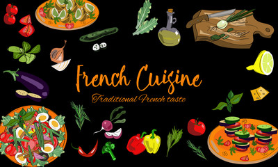 Hand drawn French cuisine background with dishes and drawn vegetables.