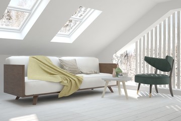 White modern room with sofa. Scandinavian interior design. 3D illustration