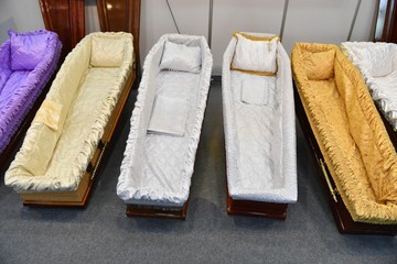 Luxury coffins at a funeral exhibition
