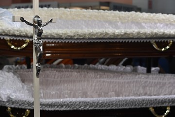 Luxury coffins at a funeral exhibition
