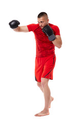 Young kickbox fighter on white