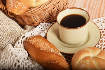 Breakfast with fresh warm bread and coffee