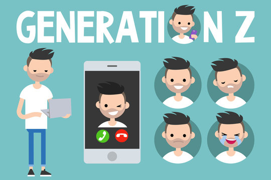 Generation Z conceptual set: sign, full length young man holding laptop, smart phone and 4 icons with different emotions