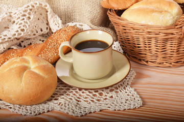 Breakfast with fresh warm bread and coffee