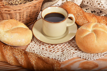 Breakfast with fresh warm bread and coffee
