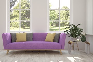 White room with sofa and green landscape in window. Scandinavian interior design. 3D illustration