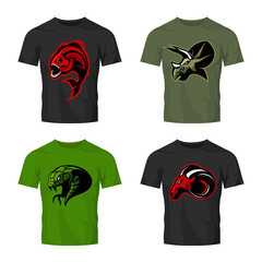 Furious piranha, ram, snake and dinosaur head sport vector logo concept set on t-shirt mockup. 
Modern team mascot badge design. Premium quality wild animal t-shirt tee print illustration.