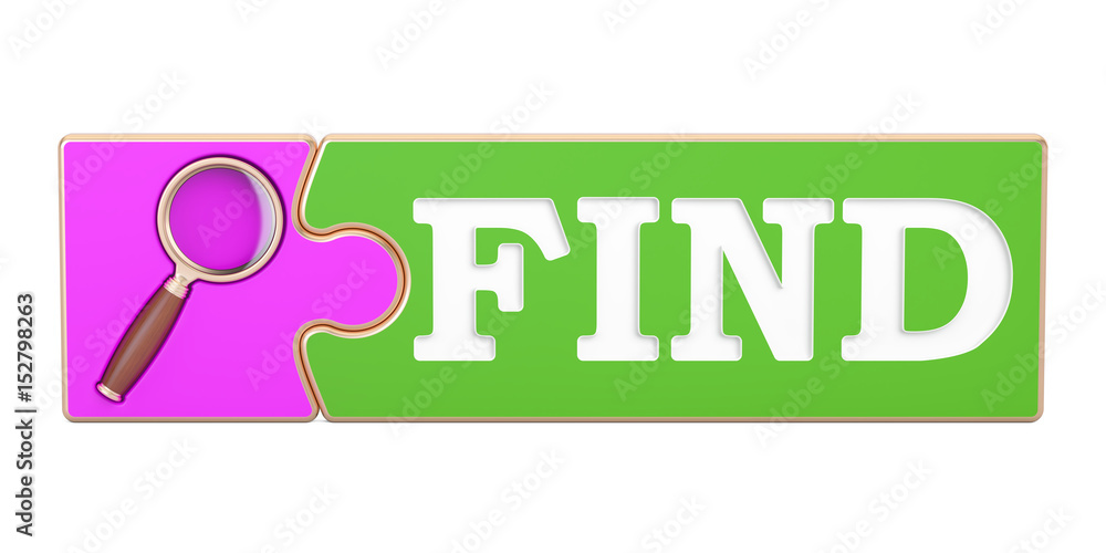 Poster find concept, from puzzle with magnifier. 3d rendering