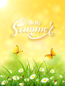 Yellow Summer background with grass and Sun