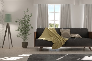 White modern room with sofa. Scandinavian interior design. 3D illustration