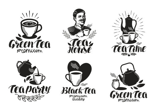Tea label set. Drink, teapot icon or logo. Handwritten lettering vector illustration