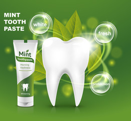 White tooth with a tube of mint toothpaste advertising template. Vector illustration