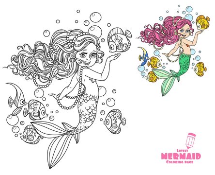 Beautiful little mermaid girl coloring page on a white background