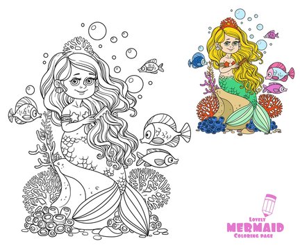 Beautiful little mermaid girl sits on a rock and combs her hair with a comb coloring page on a white background