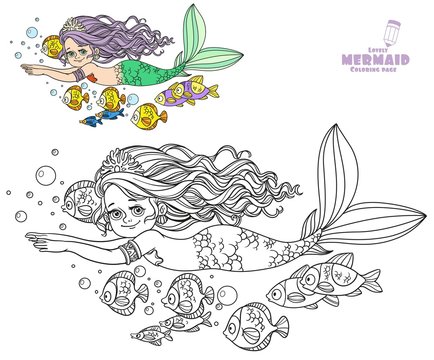 Beautiful little mermaid girl swim with fish coloring page on a white background