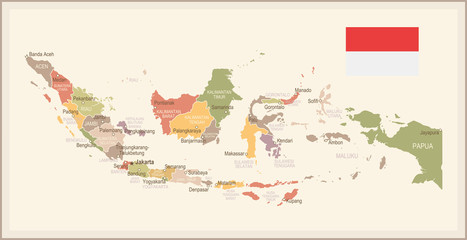 Indonesia - vintage map and flag - illustration