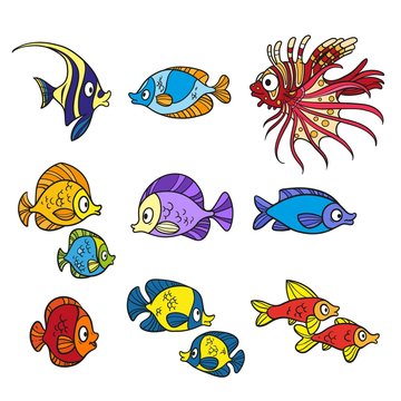 Cute sea fishes coloring page on a white background