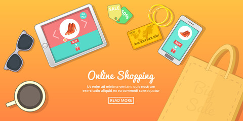 Online buy banner horizontal, cartoon style