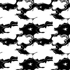 Seamless pattern with stars and clouds in black and white colors. Night sky in grungy style