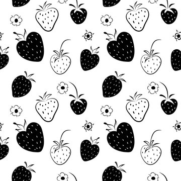 Seamless pattern with black and white cute strawberries