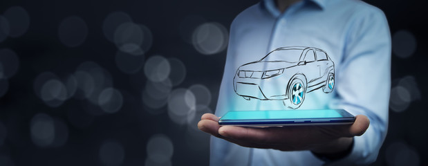 man  hand phone with  car icon