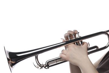 Trumpet player. Trumpeter hands isolated
