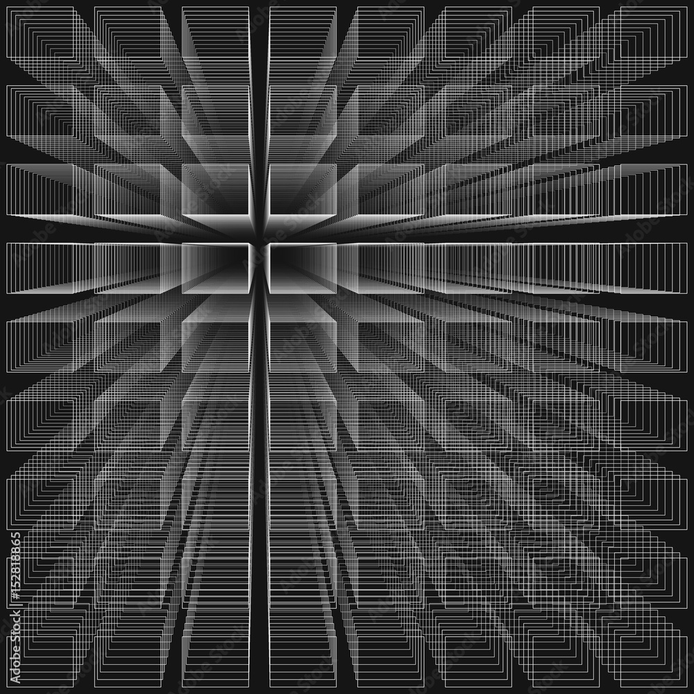Poster black color abstract infinity background, 3d structure with white rectangles forming illusion of dep