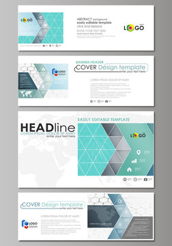 Social media and email headers set, modern banners. Abstract design template, vector layouts in popular sizes. Chemistry pattern, hexagonal molecule structure on blue. Medical, technology concept.