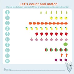 Counting and matching educational games kids, kids activity sheet. Learning math, exercises, stock vector illustration