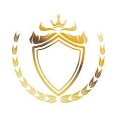 golden shield crown laurel heraldic luxury frame decoration. emblem ornament template vector illustration