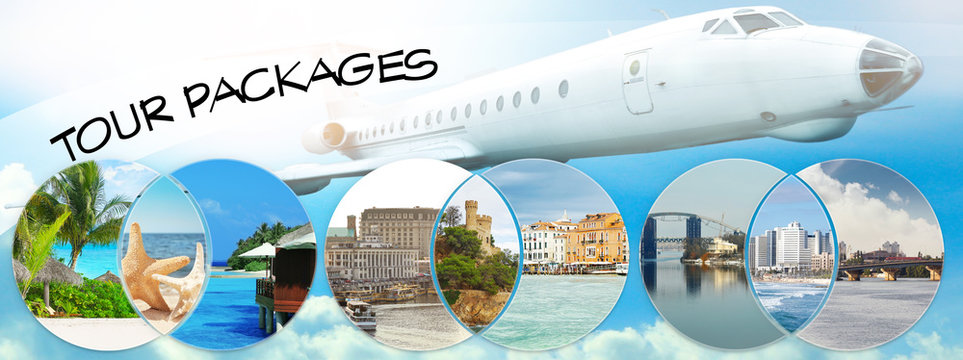 Tour packages concept. Collage for travel theme