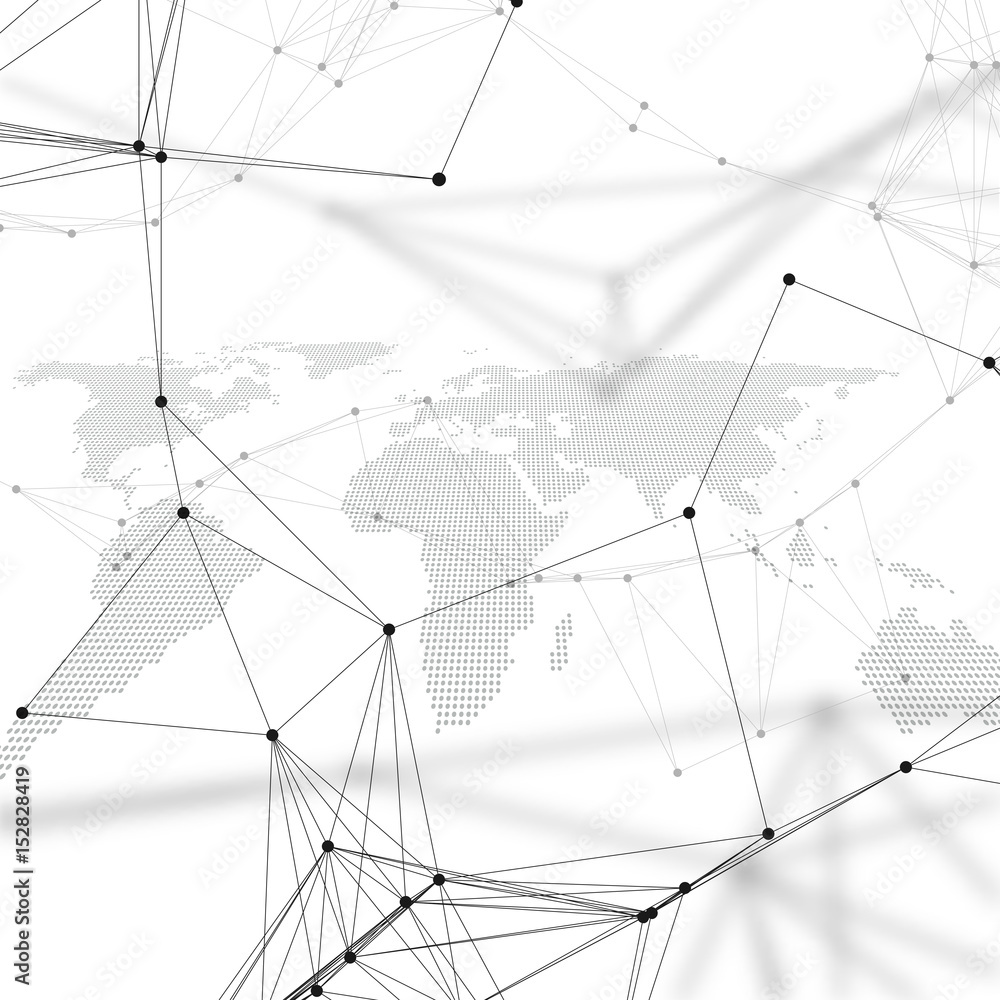 Poster dotted world map with chemistry pattern, connecting lines and dots. molecule structure on white. sci
