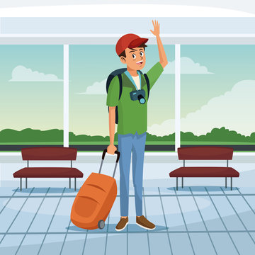 tourist waiting at airport terminal vector illustration