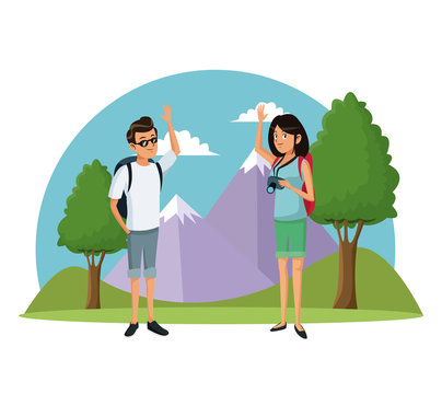 traveler couple mountain landscape vacation vector illustration