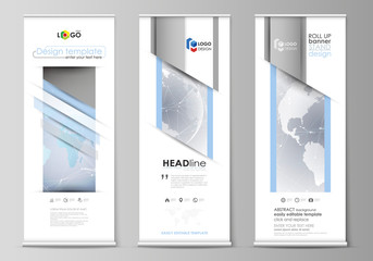 The minimalistic vector illustration of the editable layout of roll up banner stands, vertical flyers, flags design business templates. Technology concept. Molecule structure, connecting background.