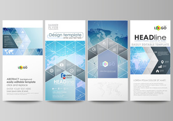 The minimalistic abstract vector illustration of editable layout of four modern vertical banners, flyers design business templates. World map on blue, geometric technology design, polygonal texture.