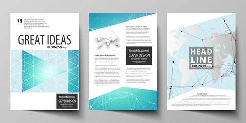 The vector illustration of the editable layout of three A4 format modern covers design templates for brochure, magazine, flyer, booklet. Futuristic high tech background, dig data technology concept.