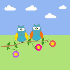 Owls on a branch of a tree