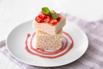 Delicious crispy dessert with strawberry  on plate