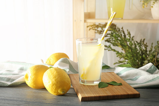 Glass of lemon juice on kitchen  table