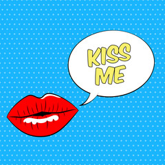 Female lips with speech bubble. Pop-art style. Vector