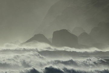 Reynisdrangar Sea Stacks, Iceland waves breaking on Renisfjara beach in front of the Reynisdrangar...