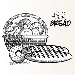 Hand drawn donut, bread loaves and basket with bakery goods over white background. Vector illustration.