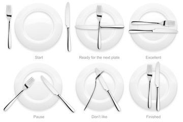 dining etiquette. Signs for the waiter, location of cutlery in different situations - obrazy, fototapety, plakaty