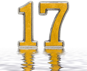 Numeral 17, seventeen, reflected on the water surface, isolated on white, 3d render