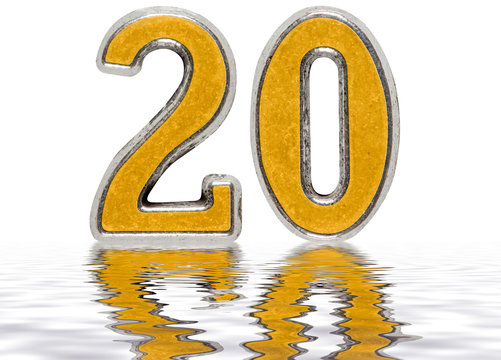 Numeral 20, twenty, reflected on the water surface, isolated on white, 3d render