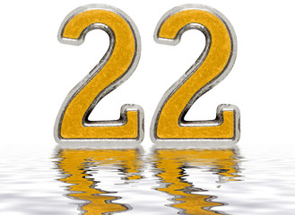 Numeral 22, twenty two, reflected on the water surface, isolated on white, 3d render